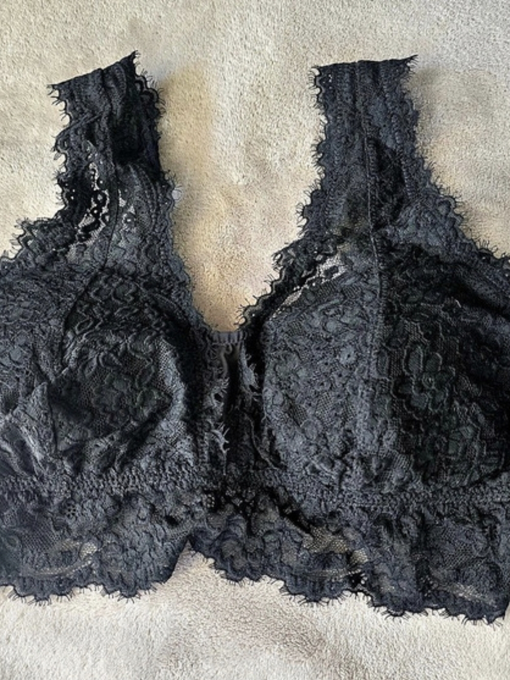 Aerie Real Good Lace Padded Plunge Longline Bralette Lace Bra in Black Size